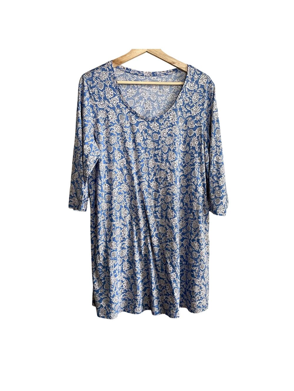 Purejill ballet sleeve tunic blue white floral dress women's‎ XL cotton modal